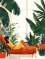 Illustration of someone taking an afternoon siesta in a swing chair, surrounded by potted plants and gentle sunlight
