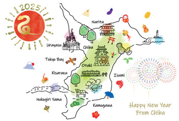 千葉県の観光地のイラストマップ年賀状2025年