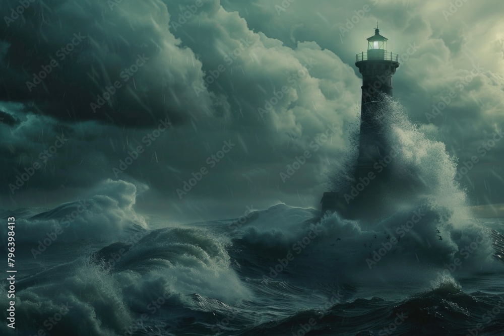 Poster a lighthouse standing strong in the midst of a raging storm. perfect for illustrating resilience and