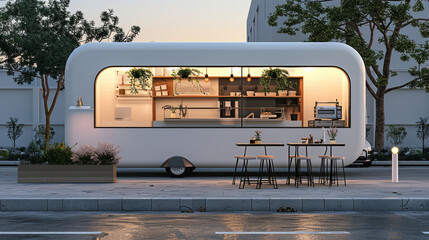 Quaint mobile eatery with white exterior and welcoming window set against muted background