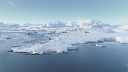 Arctic Polar Mountain Coast Aerial View. Snow Covered Antarctica Ocean Landscape Overview. North...