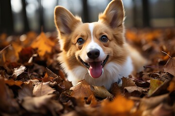 Close-up portrait of a corgi in the forest among the leaves.