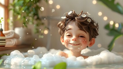 A cartoon boy happily splashes in a bubbly bathtub having a delightful time. Concept Illustration, Cartoon, Bathtub, Happy, Joyful