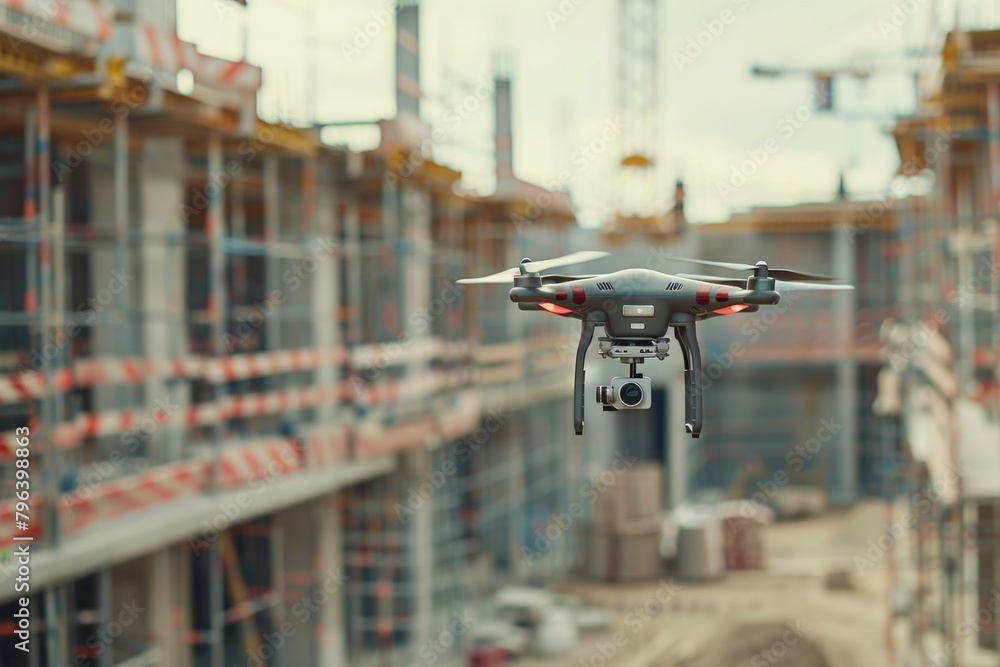 Sticker A drone flying over a construction site, suitable for construction industry concepts