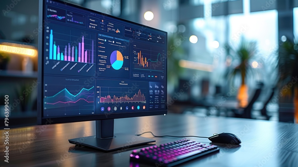 Poster Multiple computer screens on a desk showing colorful data analytics and statistics, reflecting modern workplace
