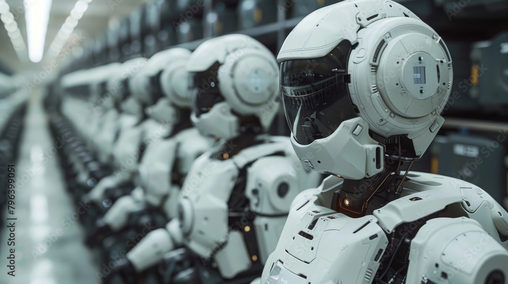 Poster A group of autonomous robots. Displacement of work by artificial intelligence. Future of manufacturing.