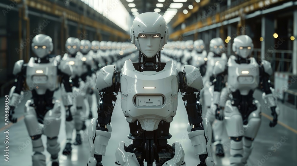 Poster A group of autonomous robots. Displacement of work by artificial intelligence. Future of manufacturing.