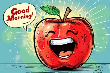 Comic style cheerful apple saying good morning