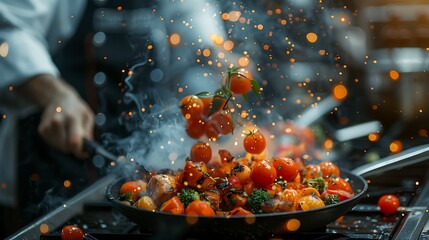 Professional chef and fire, Cooking vegetables and food over an open fire on a dark background,...
