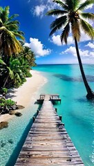 "(((Paradise beach with turquoise water, wooden pier, and tropical palm trees)))  A stunning and photorealistic depiction of a paradise beach setting, featuring crystal clear turquoise waters, a rusti