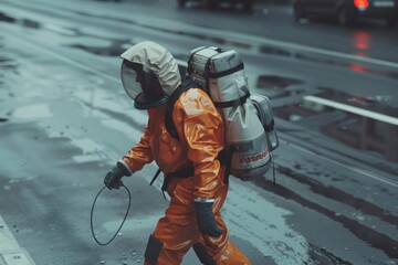 A man wearing an orange coverall walking across a street. Perfect for illustrating urban scenes