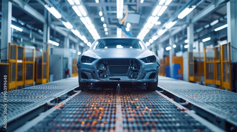Aufkleber car body on an automotive assembly line in a factory before paint is applied. movement of vehicles a