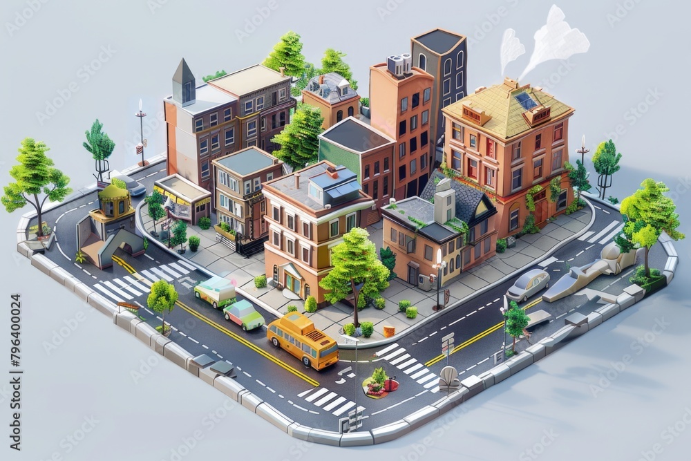 Aufkleber A small city with a bus and a bus stop. Suitable for transportation concepts