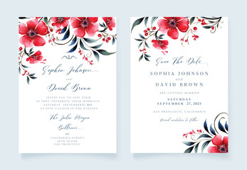 Wedding floral invite, invitation save the date card design with red flowers, Vector cute template
