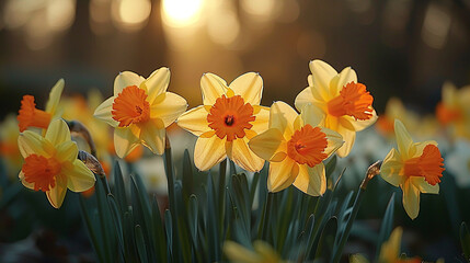 Sunlit daffodils with yellow petals and orange trumpet centers in a spring garden