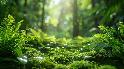 Tropical ferns and mosses covering the ground of a lush rainforest - Powered by Adobe