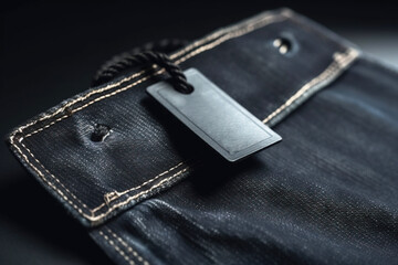 Denim clothing fabric close-up with cardboard price tag mockup. AI generated.