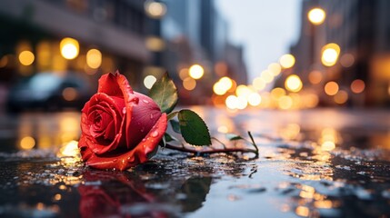 A single red rose was thrown onto the ground in the rain, making it worthless. The concept of love ends in heartbreak