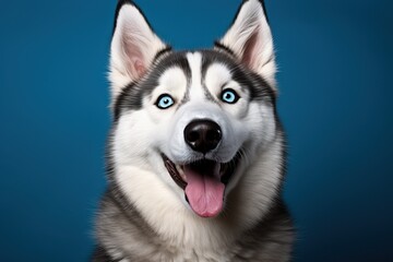 Fototapeta premium Portrait of a husky with an open mouth on a blue background.