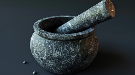 A mortar and pestle on a table, perfect for culinary or herbal concepts - obrazy, fototapety, plakaty