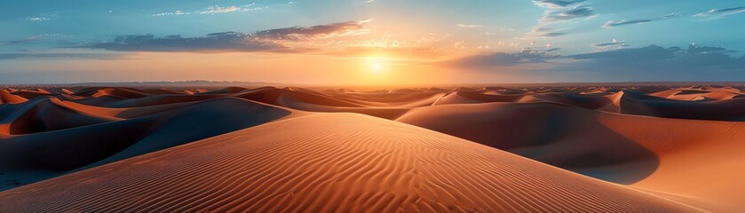 Fototapeta na wymiar Desert dunes at sunset, minimalistic landscape, tranquil, landscape photography, emphasize the smooth lines of the dunes, no footprints or tracks