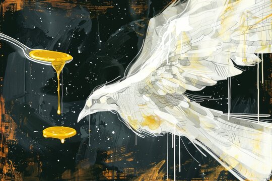 A painting of a white bird with honey dripping from its beak. Suitable for nature and wildlife themes