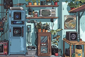 A drawing of a kitchen with modern appliances. Suitable for home improvement projects