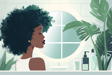 A female figure is standing in a bathroom, gazing at her own reflection in the mirror. The scene captures a moment of self-reflection and personal care as the woman examines her appearance
