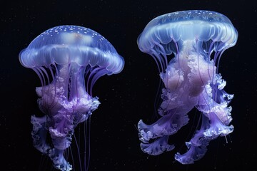 Two jellyfish drifting in water, suitable for marine themes