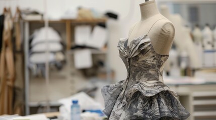 A dress is displayed in a studio with a white background