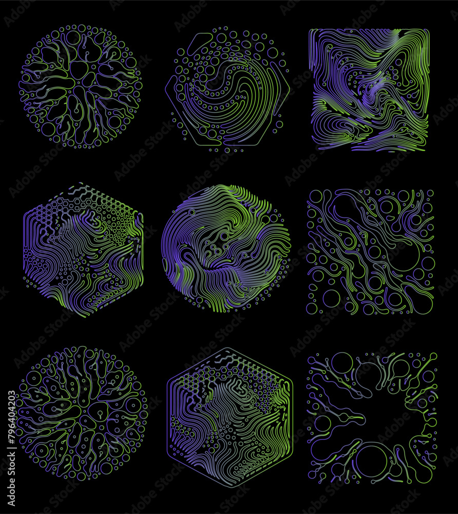 Aufkleber big set of elegant geometric shapes with glitchy trippy pattern in neon colors.