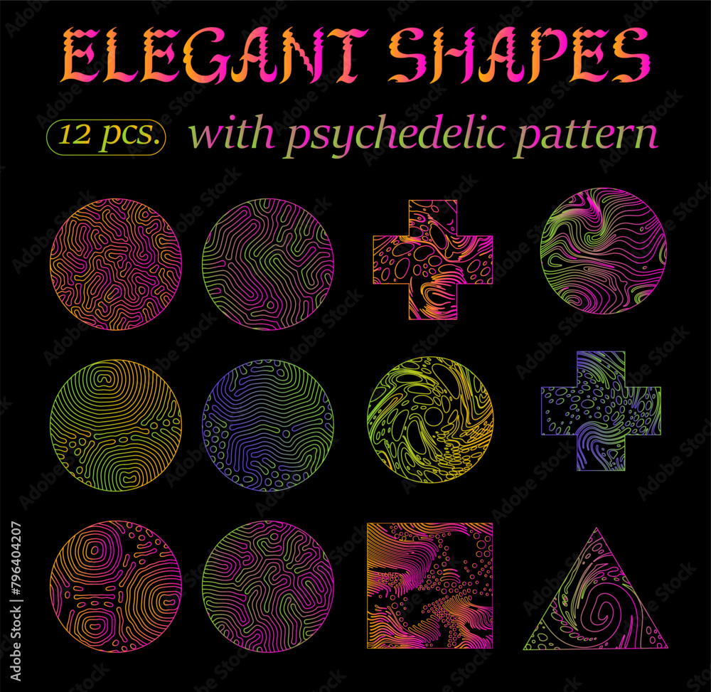 Poster big set of elegant geometric shapes with glitchy trippy pattern in neon colors.
