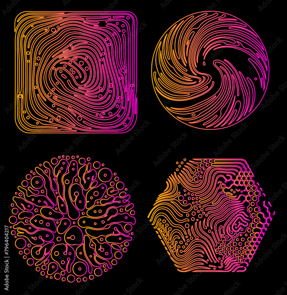 Poster Set of elegant linear shapes with surreal trippy pattern in neon colors.