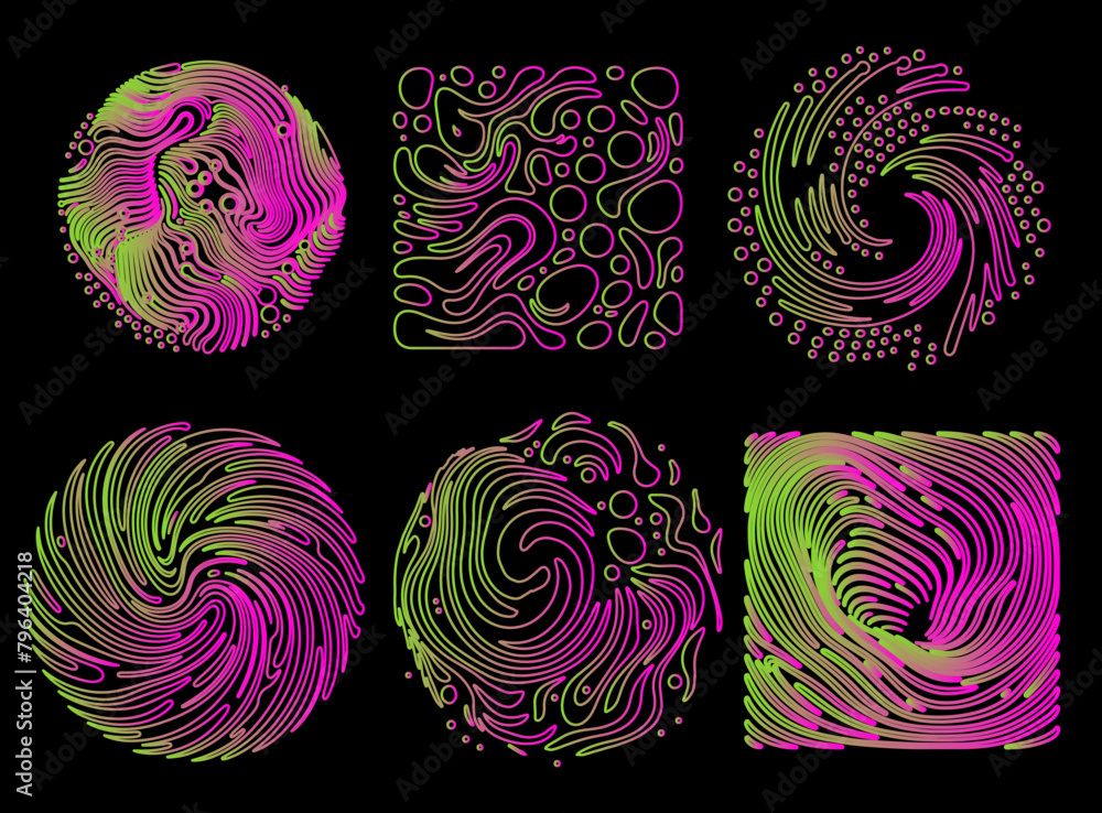 Poster Set of elegant linear shapes with surreal trippy pattern in neon colors.