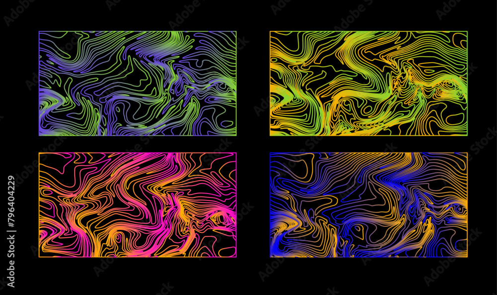 Poster set of holographic retrofuturistic backgrounds with psychedelic neon wavy op-art pattern.