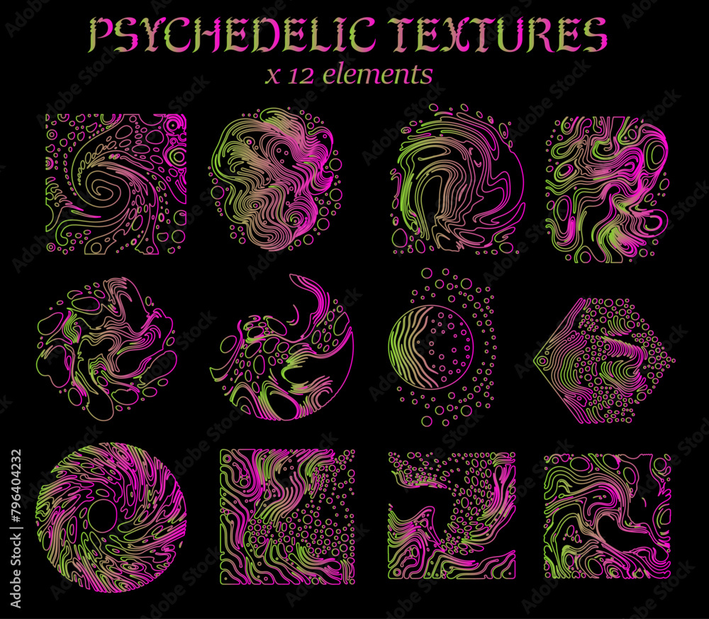 Poster big set of elegant geometric shapes with glitchy trippy pattern in neon colors.