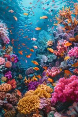 Fototapeta na wymiar Realistic pop art rendition of a vibrant coral reef teeming with fish, stylized textures, contrasting colors, realistic forms