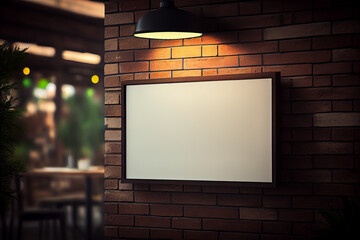 Mockup label, blank menu frame in Bar restaurant. Stand for booklets with white sheets paper in cafeteria