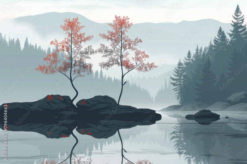 Aufkleber serene landscape with two trees on a rock in the middle of a lake. ideal for nature and travel conce