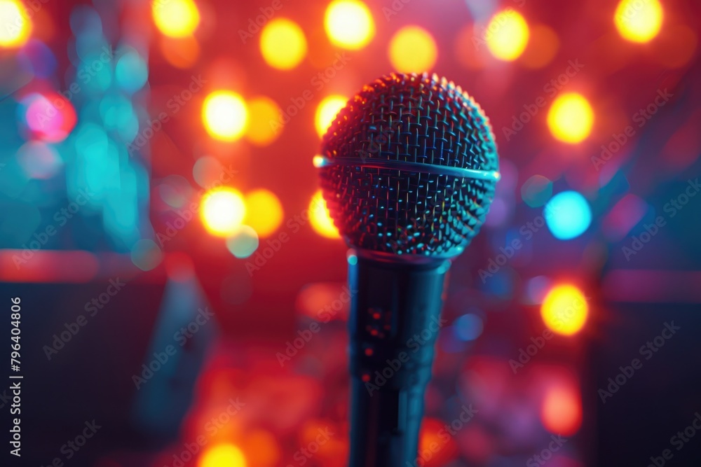 Poster a microphone with colorful lights in the background. ideal for music events and performances