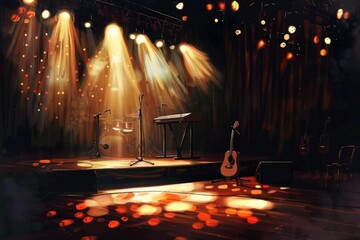 A stage set up with a musical instrument and colorful lights. Perfect for concert or music event...