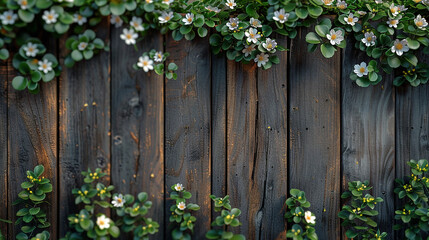 Winding ivy climbing up a rustic wooden fence with small white flowers