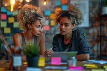 Two women engaging in a deep conversation over work on a laptop amid a creative space
