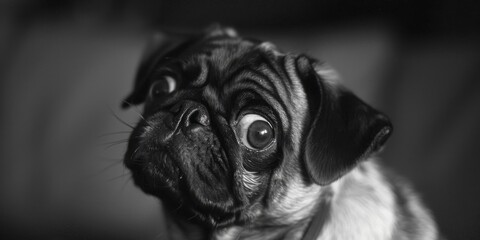 A close-up black and white photo of a pug. Suitable for pet lovers and animal-related designs - obrazy, fototapety, plakaty