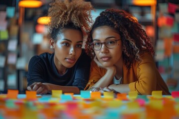 Two engaged young women observing and planning with a wall full of colorful notes