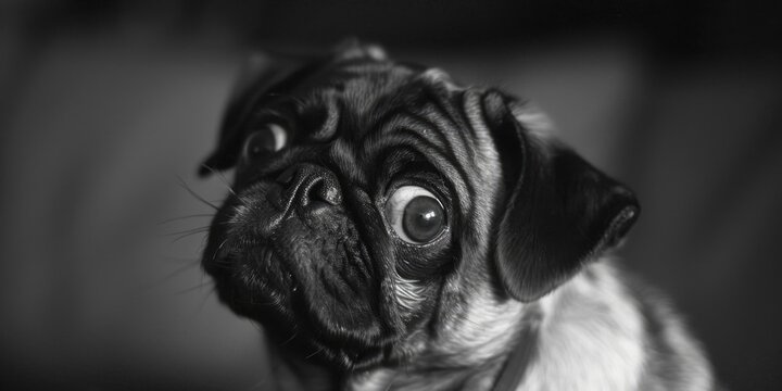 A close-up black and white photo of a pug. Suitable for pet lovers and animal-related designs