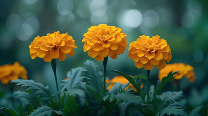Yellow marigolds in a flower bed with green leaves and stems - obrazy, fototapety, plakaty