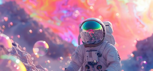 Pop art concept portrait by generative AI, featuring an astronaut surrounded by a colorful bubble galaxy on an unfamiliar planet