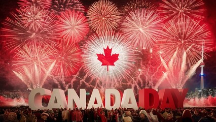 Happy Canada Day, banner for Canada day, fireworks background