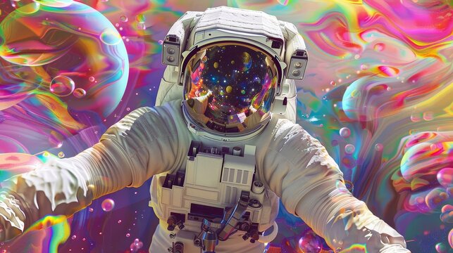 Pop art concept portrait by generative AI, featuring an astronaut surrounded by a colorful bubble galaxy on an unfamiliar planet